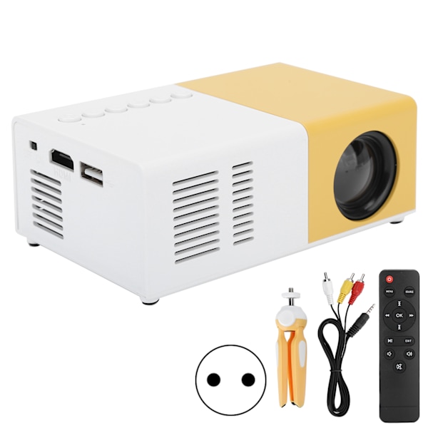 J9 Mini bærbar projektor LED hjemmekino videomediespiller projektor med stativ 100‑240V hvit gul EU-plugg