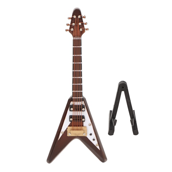 Miniatyr elektrisk gitarmodell av tre med stativ og etui Kaffe Minimusikkinstrumentmodell Dekor 10cm