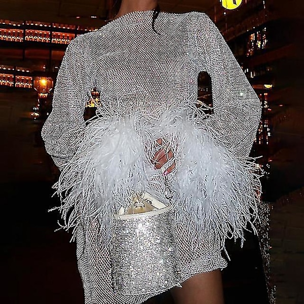 Sequin Mesh Feather Mini Kjole - Pink Hvid Sort - Langærmet - Kvinders Festkjole