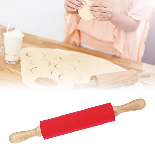 Forlenget kjevle i silikon med solid trehåndtak, non-stick overflate, bakeverktøy, rød