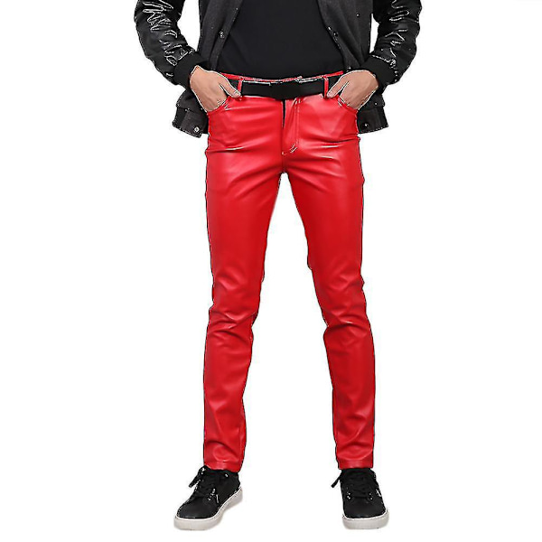 Stretch Faux Läder Röda Byxor för Män EU 30