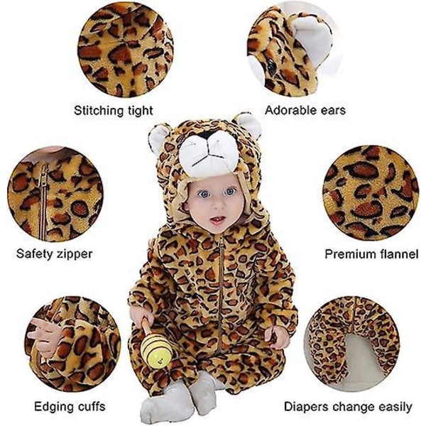 Flanel-babystropper med hætte og tegneseriedyrsdesign til babydrenge og piger (leopard, størrelse 90)