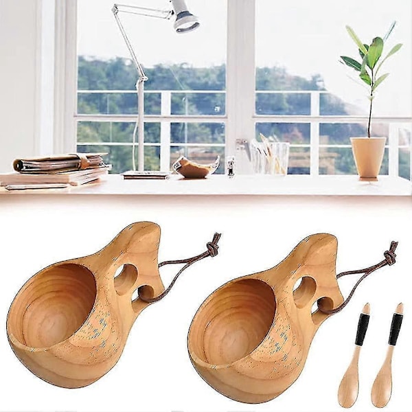 2-pack Träkopp Kuksa i Nordisk Stil, Portabel Utomhus Campingmugg, Träkaffekopp