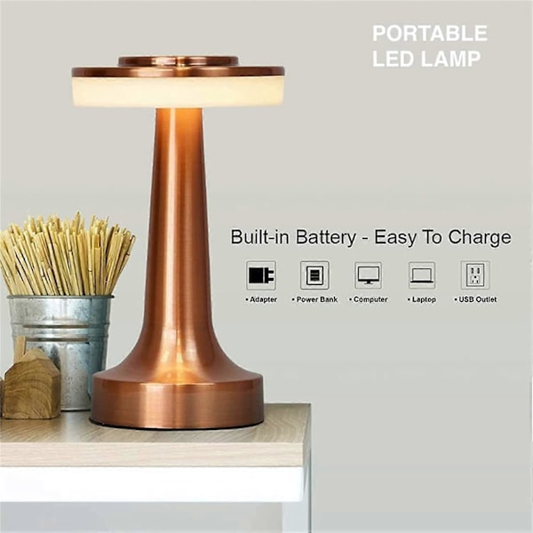 Bærbar LED Bordlampe, Trådløs Genopladelig Touch Kontrol Natlampe til Bar Restaurant Cafe Soveværelse Sengelampe, Bronze