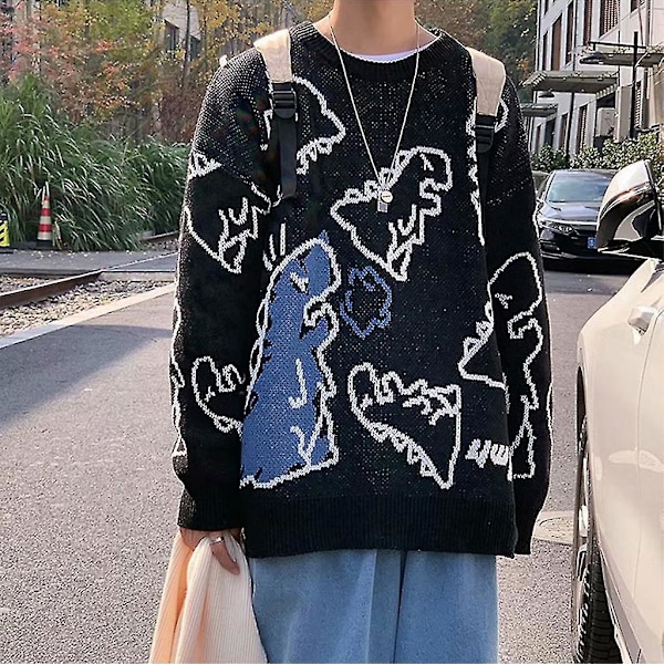 Søt Dinosaur Trykk Unisex Oversized Strikket Genser Topp - Svart