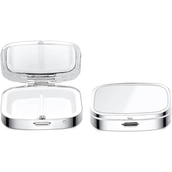 2x Pillbox 2 fack - 2x Mini pillbox med fack - Portabel pillbox för medicin kontor resa - silver