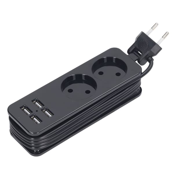 1200W 10A strømskinne 2 runde stik 4 USB-porte strømstik til telefon bærbar computer EU-stik 250V sort
