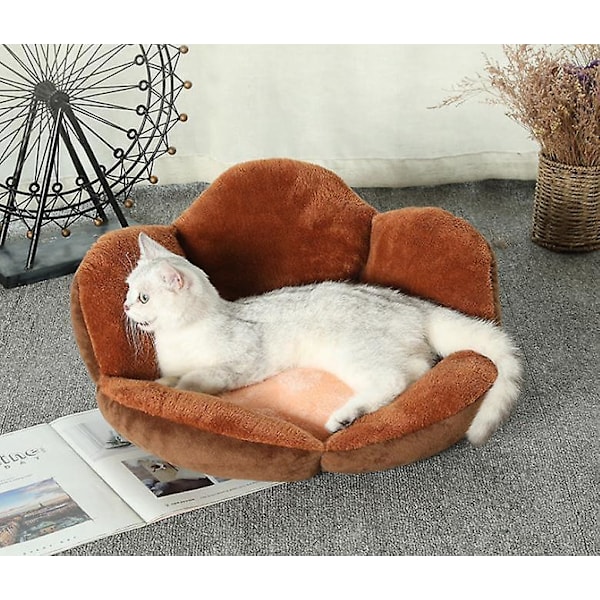 Varm vinterbädd för husdjur - Mysig hund- och kattsäng, plyschsammet, tjock, brun, M 50 cm