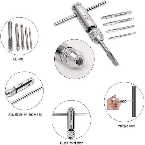 Säädettävä T-kahvallinen räikkähanan pidike, jossa on 5 kpl M3-M8 Metric Plug Machine set