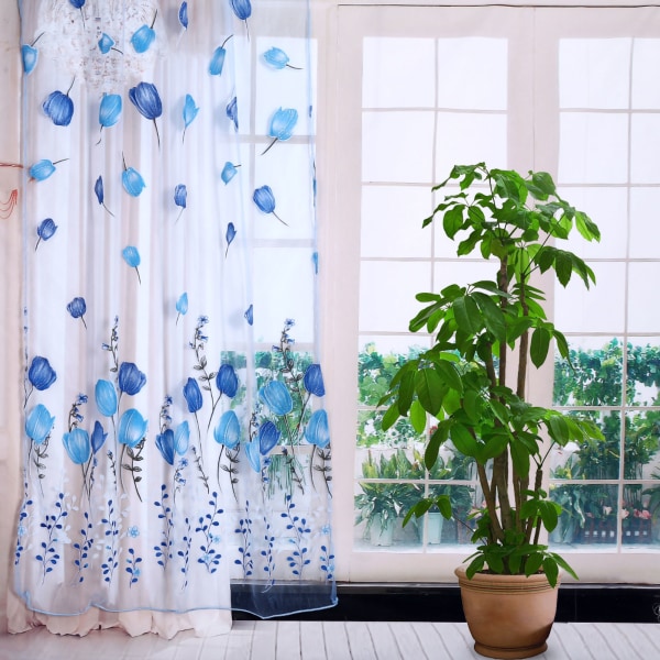 100*200cm Tulppaanipainatus Tylli Verhot Sheer Drape Parveke Ikkuna Koriste Sininen