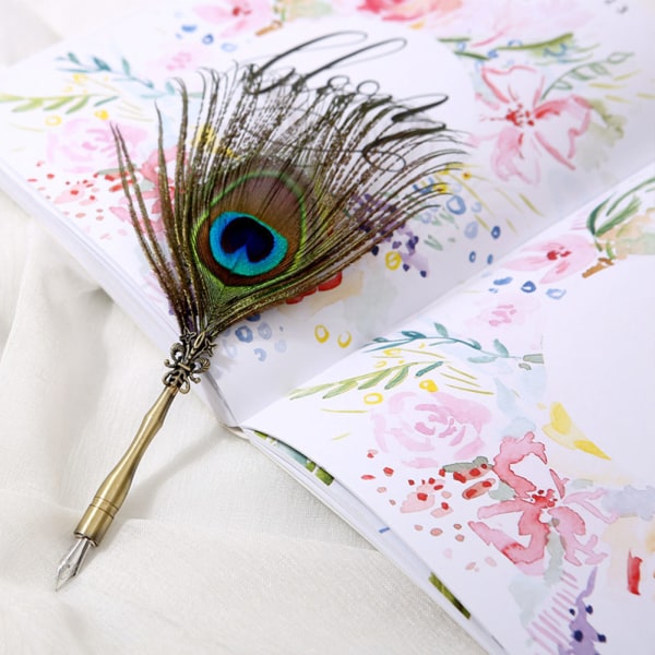 Kalligrafi Peacock Feather Dip Quill Pen set brevpapper presentask med 5 spetsar