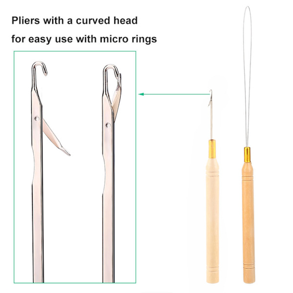 Peruk Connector Kit Tång Krokögla nål med 500 st mikroringar hårförlängningsverktyg Beige
