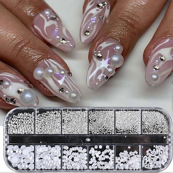 Vit Box 3D Nagel Pärlor med Diamanter Blandade Storlekar Nagelkonst Dekorationer Skönhet Nagelberlocker för DIY Manikyr
