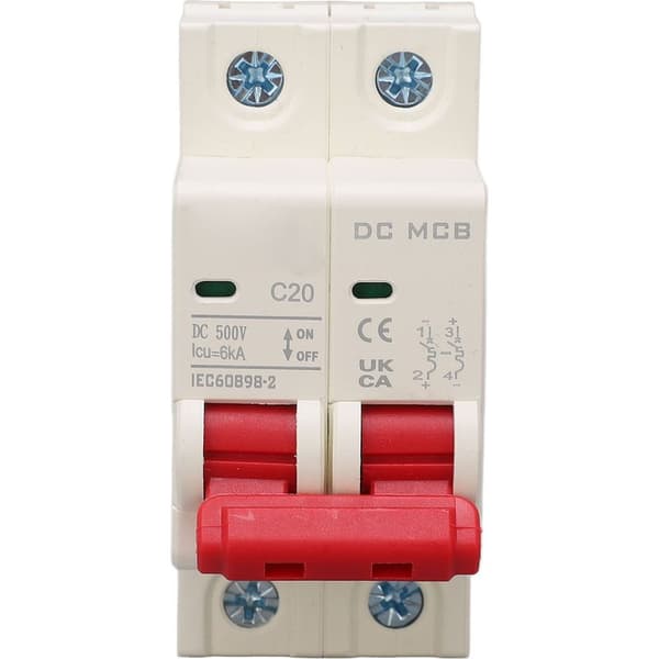 Mini DC 20A 500V modulær 2P afbryder, brydeevne 6000A, beskyttelse til kontinuerlig kredsløb.