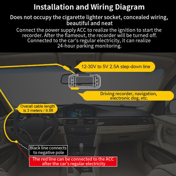 Dash Cam Hardwire Kit 12V/24V til 5V 2.5A Venstre Vinkel Mini USB Step-Down Linje for Parkeringsmonitorering