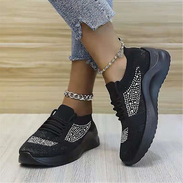 Rhinestone Mesh Lace-up Kvinners Atletiske Løpesko42 Svart