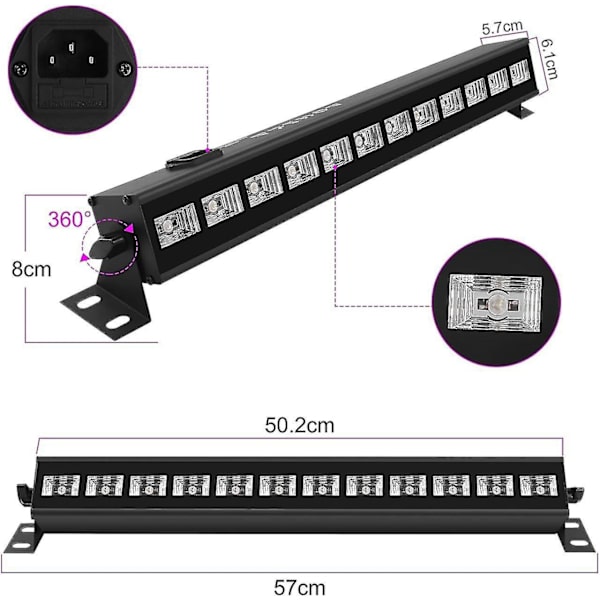 Bærbar scenelys: 36W LED UV-lysrør med fjernbetjening, DMX512 sortlys til fest, pub, bar EU-stik