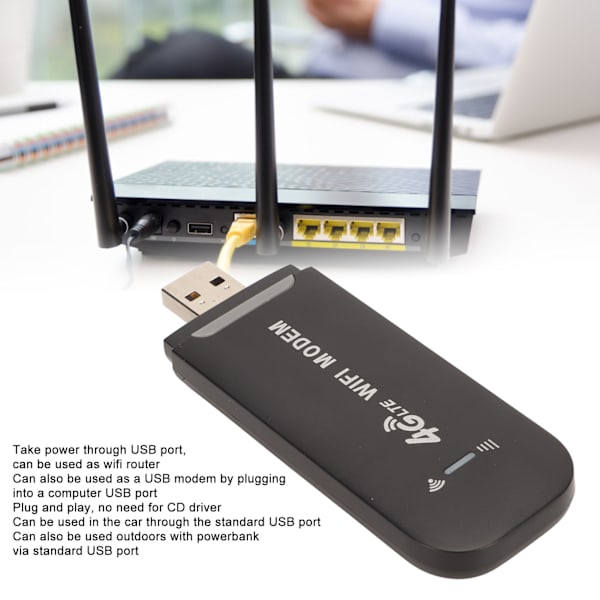 4G LTE USB WiFi-router 150 Mbps, understøtter 10 brugere, bærbar WiFi-modem, mobil WiFi-router til tablet, bærbar computer, sort