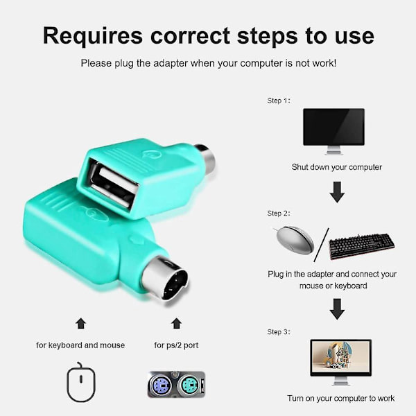 USB til PS/2-adapter til tastatur og mus - 4-pak fra Oxusbor (Bemærk: Ikke kompatibel med alle bundkort)