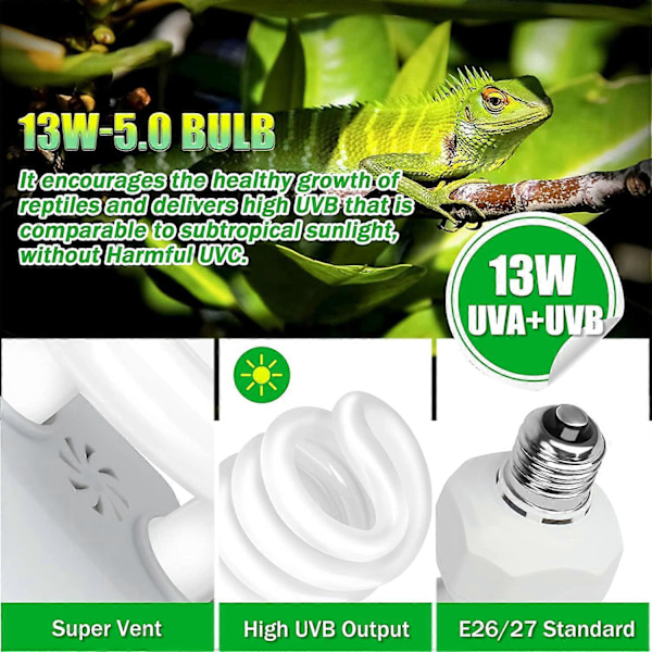 UVA UVB 5.0 Reptilpære, 13W Dobbeltvirkende UV-lyspære, Kompakt Fluorescerende Lampe, Egnet til Regnskovsreptiler