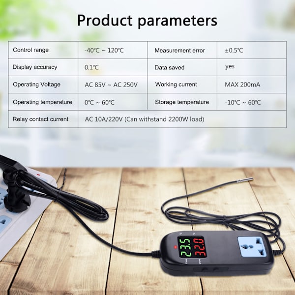 90-250V Digital Display Temperaturregulator Elektronisk Termostat med Strømkabel EU-plugg