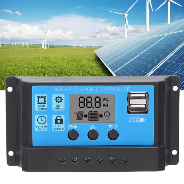 Solar Charge Controller LCD Dual USB PWM Cell Panel Regulator med Last Automatisk Identifikasjon 12V 24V30A