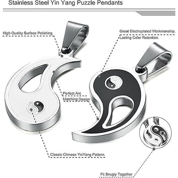 2 stk. Yin Yang vedhæng halskæde i rustfrit stål til mænd kvinder Puzzle Par halskæde, 22 tommer