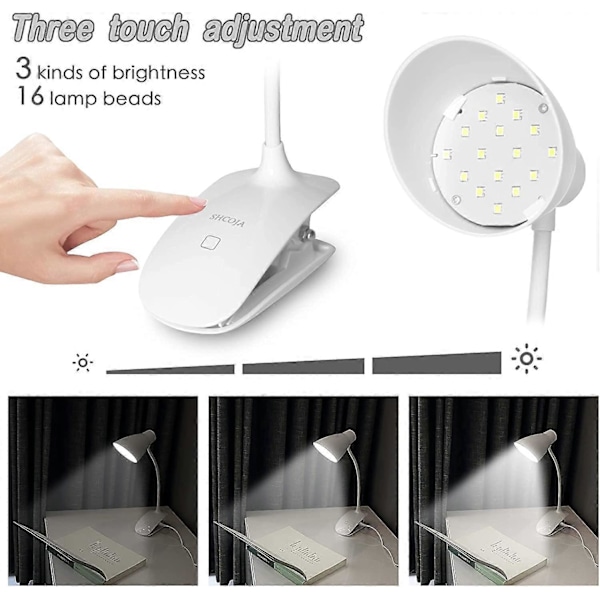 Læselampe, genopladelig læselampe med 3 lysstyrkeniveauer, berøringskontrol, 5500-6000k justerbar halsklemme læseboglampe, clip-on lampe