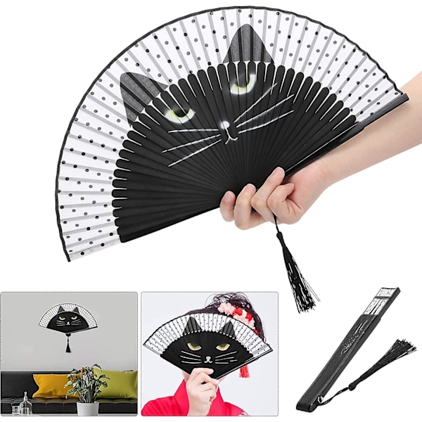 Sort Katte Foldbar Fan - Elegant og Alsidig Håndfan til Kvinder | Perfekt til Dans, Bryllupper, Fester og Vægdækning