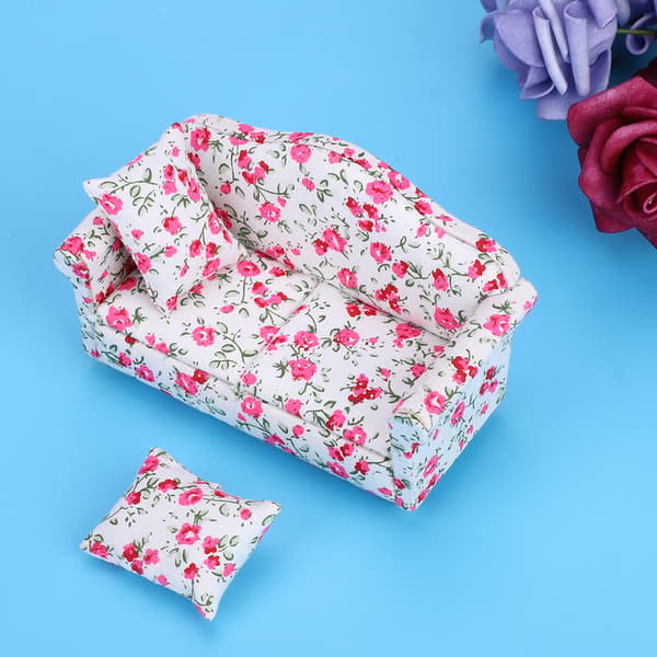 Dukkehus Tilbehør Blomstermønster Mini Møbler Dobbelt Sofa til 1/12 Skala Dukke (#2)