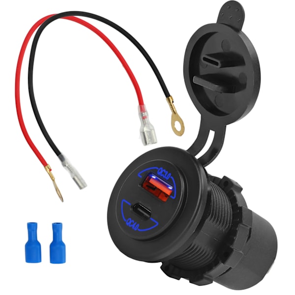 Bil USB-portlader QC4.0 PD-grænseflade Hurtigopladning 12-24V 60W med blå terminal til RV-både Motorcykler Oplader med 20cm/7.9in kabel