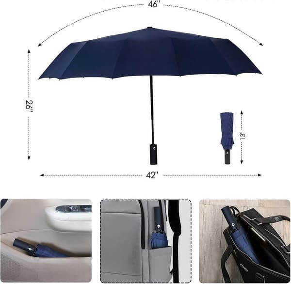 Wood Handle Folding Umbrella Windproof Compact Travel, Automatic Open/Close Large Rain Umbrellas Navy Blue
