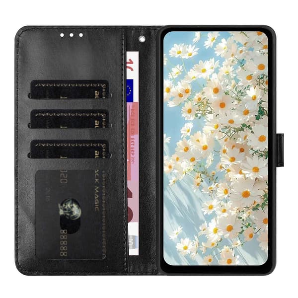 Leather Case with Embossed Daisy Pattern, Wallet Stand, Protective Phone Cover for Samsung Galaxy A56 5G Black