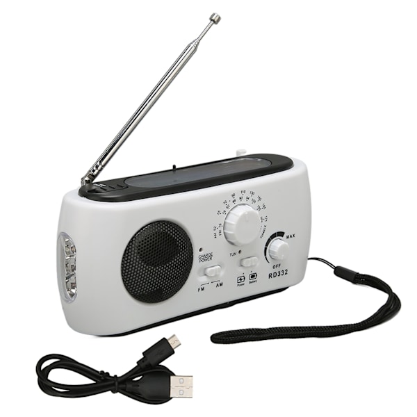 Solardriven handvevsradio multifunktionell uppladdningsbar nödradio med ficklampsfunktion för utomhuscamping vandring vit