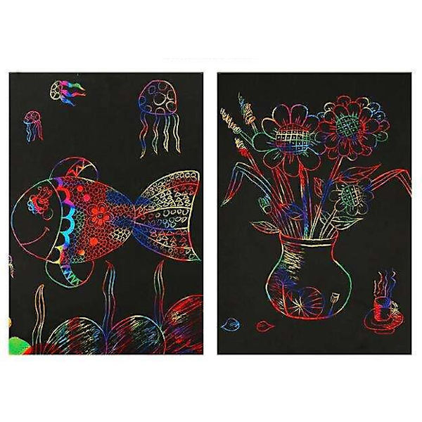 Magisk Regnbue-Skrapepapir Kunstsett - 50 stk Svarte Skrapeark med 5 Trestylus - Kreativ Håndverkspakke for Barn