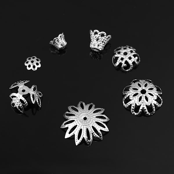 300 st 7-storlek Blomformad Spacer Bead Cap Smycken Att göra fynd Metalltillbehör (silver)