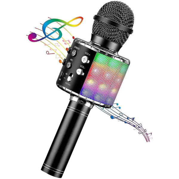 Langaton 4-in-1 karaokemikrofoni LED-valoilla, kannettava mikrofoni lapsille, tytöille, pojille ja aikuisille - musta
