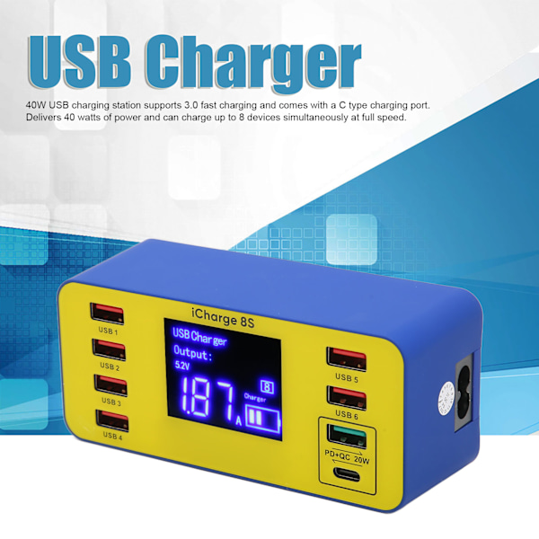 8 Port Ladestation 40W Hurtigopladning Multi Port USB Hub Oplader med LCD Digital Display 100‑240V EU-stik
