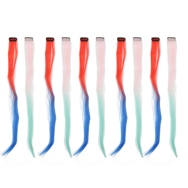 10 stk fargerike hårforlengelser med klips - lange striper - farget hårstykke med klips - rosa gradient grønn og rød gradient blå