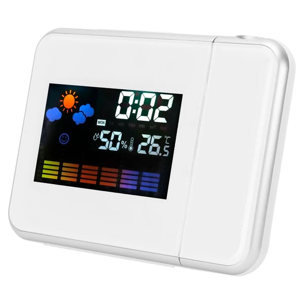 Inomhusprojektion LED-klocka Termometer Hygrometer Väderprognos Snooze Evighetskalender Vit