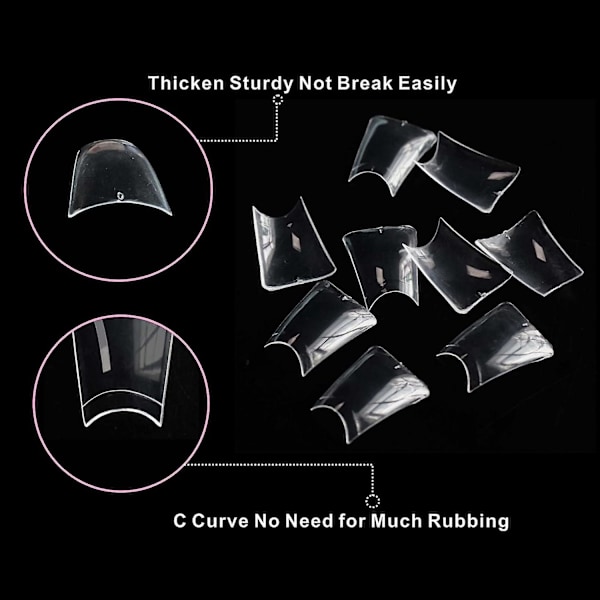 Klare franske negletips - 500 stk., C-kurve akryl, kort andefoddesign, 10 størrelser - DIY neglekunsttilbehør