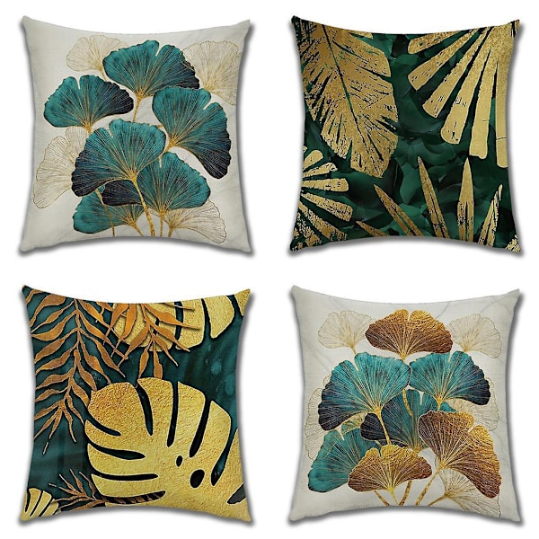 Sett med 4 firkantede putetrekk i grønne og gullfargede blader, lin sofa putetrekk, 45*45cm