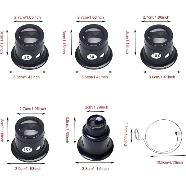 Set - 5-osainen set 3x, 5x, 10x, 15x ja 20x suurennuksella - Ihanteellinen korujen ja watch korjaukseen