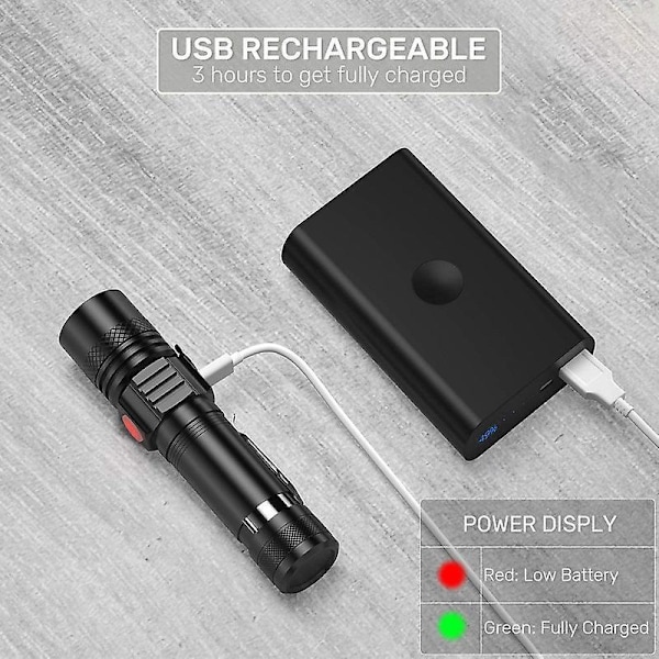 USB Genopladelig LED Lommelygte, 600 Lumen Lommelygte, IP65 Vandtæt, 4 Lysindstillinger, Zoombar Lommelygte til Husholdning, Camping, Vandring, Nødsituation (Batt