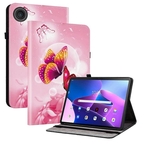 Leather Case for Lenovo Tab TB311FU with Pattern Print, Stand, and Card Slots Pink Pink Butterfly