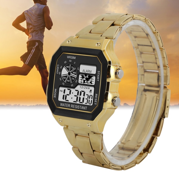 Elektronisk digital klokke Vanntett nattlys Sportsarmbåndsur i rustfritt stål, gyllent