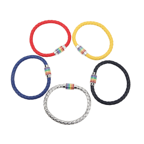 5-pack flätade armband i rött, blått, silver, gult och marinblått med magnetiskt spänne i läder för present