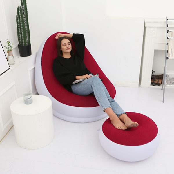 Uppblåsbar stol hopfällbar flockning PVC bekväm med fotpall uppblåsbar loungestol för utomhuscamping resor röd
