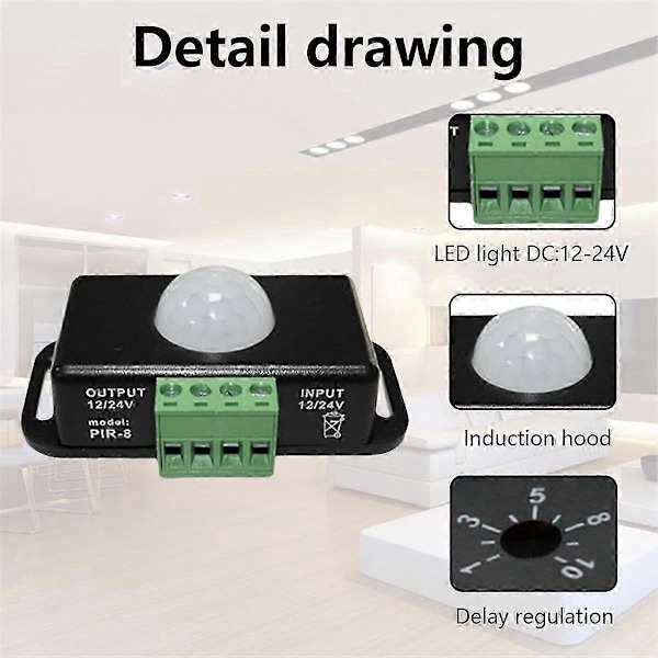 LED Bevægelsessensor 12V/24V DC, Bevægelsessensor Krop Infrarød Bevægelse PIR Sensor Switch Automatisk Trådløs