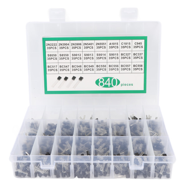 840 stk. BC337 BC549 A1015 Transistor Diode Triode 24 værdier NPN PNP Power General Purpose Transistor Assortment Kit